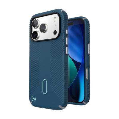 Three-quarter view of back of phone case with phone inside shown over top of front view of phone case with phone inside#color_deep-sea-silver-metallic