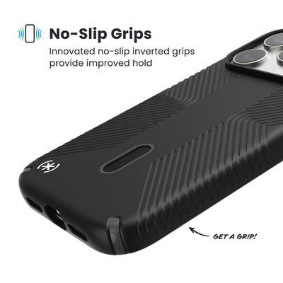 Close-up of grips on the back and side of a phone case. Text reads No-Slip Grips: Innovated no-slip inverted grips provide improved hold; Get a grip!#color_black-slate-grey