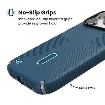 Close-up of grips on the back and side of a phone case. Text reads No-Slip Grips: Innovated no-slip inverted grips provide improved hold; Get a grip!#color_deep-sea-silver-metallic