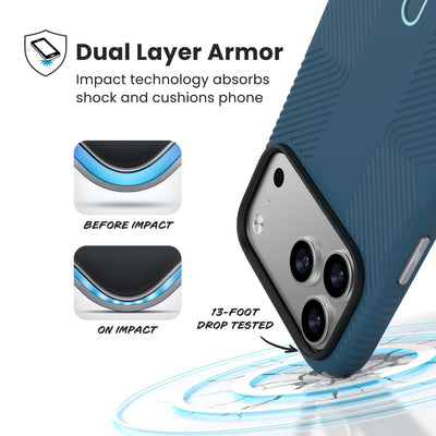 A corner of the case impacts the ground - a diagram shows interior cushion of phone before impact and on impact. Text reads Dual Layer Armor: Impact technology absorbs shock and cushions phone; 13-foot drop tested#color_deep-sea-silver-metallic