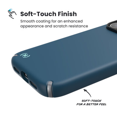 Close-up of the smooth exterior of the back and side of a phone case. Text reads Soft-Touch Finish: Smooth coating for an enhanced appearance and scratch resistance; Soft-touch for a better feel#color_deep-sea-silver-metallic