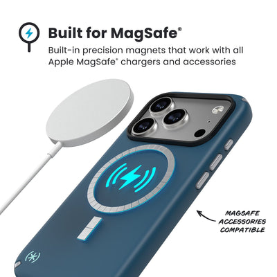 A MagSafe charger hovers over the back of the phone case. Text reads Built for MagSafe: Built-in precision magnets that work with all Apple MagSafe chargers and accessories; MagSafe accessories compatible#color_deep-sea-silver-metallic