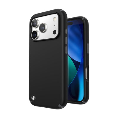 Three-quarter view of back of phone case with phone inside shown over top of front view of phone case with phone inside#color_black-slate-grey