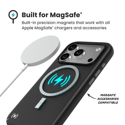 A MagSafe charger hovers over the back of the phone case. Text reads Built for MagSafe: Built-in precision magnets that work with all Apple MagSafe chargers and accessories; MagSafe accessories compatible#color_black-slate-grey
