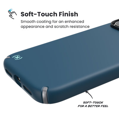 Close-up of the smooth exterior of the back and side of a phone case. Text reads Soft-Touch Finish: Smooth coating for an enhanced appearance and scratch resistance; Soft-touch for a better feel#color_deep-sea-silver-metallic