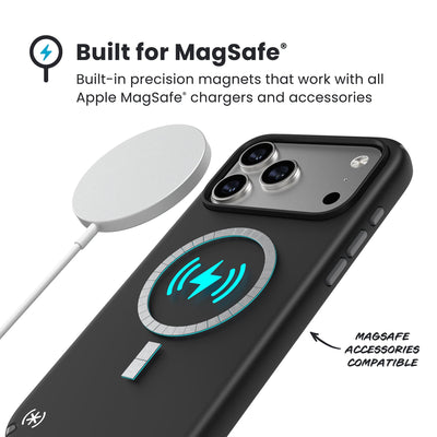 A MagSafe charger hovers over the back of the phone case. Text reads Built for MagSafe: Built-in precision magnets that work with all Apple MagSafe chargers and accessories; MagSafe accessories compatible#color_black-slate-grey