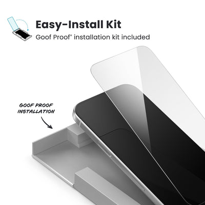 Illustration of installation of ShieldView Glass. Text reads easy-install kit; Goof Proof installation kit included#color_clear