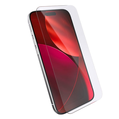 Three-quarter angled view of device with screen protector hovering above screen