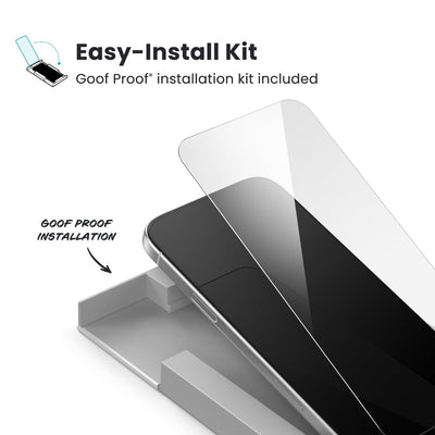 Illustration of installation of ShieldView Glass. Text reads easy-install kit; Goof Proof installation kit included#color_clear