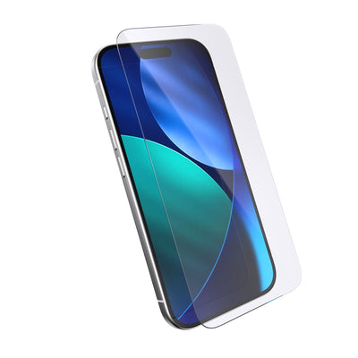 Three-quarter angled view of device with screen protector hovering above screen