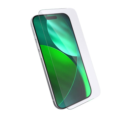 Three-quarter angled view of device with screen protector hovering above screen