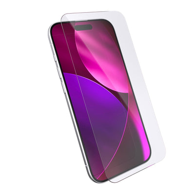 Three-quarter angled view of device with screen protector hovering above screen