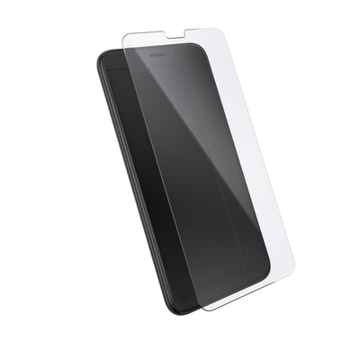 Three-quarter angled view of device with screen protector hovering above screen.