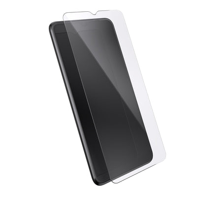 Three-quarter angled view of device with screen protector hovering above screen.