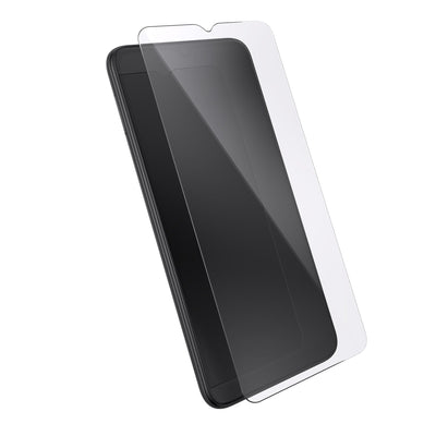 Three-quarter angled view of device with screen protector hovering above screen.