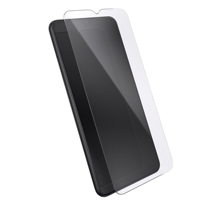 Three-quarter angled view of device with screen protector hovering above screen.