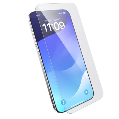 Three-quarter angled view of device with screen protector hovering above screen.