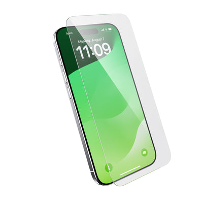 Three-quarter angled view of device with screen protector hovering above screen.