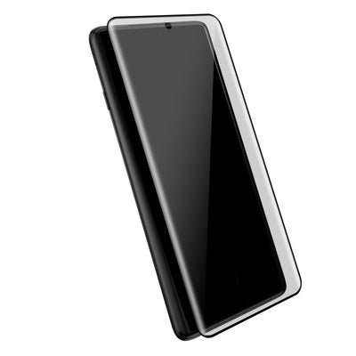 Three-quarter angled view of device with screen protector hovering above screen