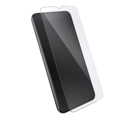 Three-quarter angled view of device with screen protector hovering above screen.