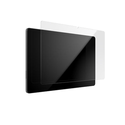 Three-quarter view of device with screen protector hovering above screen.