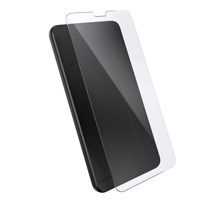 Three-quarter angled view of device with screen protector hovering above screen.