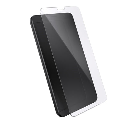 Three-quarter angled view of device with screen protector hovering above screen.