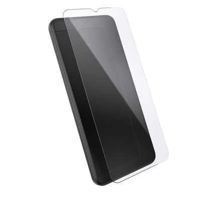 Three-quarter angled view of device with screen protector hovering above screen.