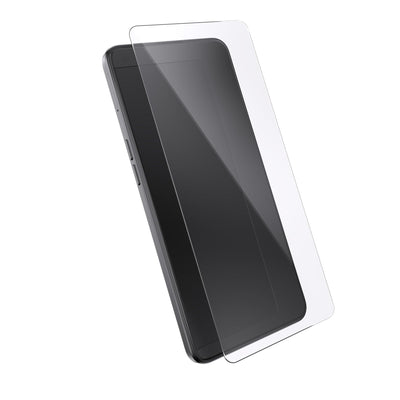 Three-quarter angled view of device with screen protector hovering above screen.
