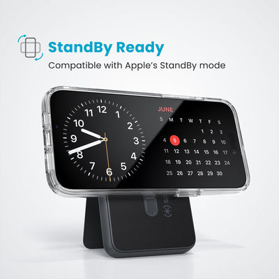 A phone with clock and calendar on the screen is turned sideways and attached to a StandyBank with kickstand deployed. Text reads StandBy Ready - Compatible with Apple's StandBy mode#color_black