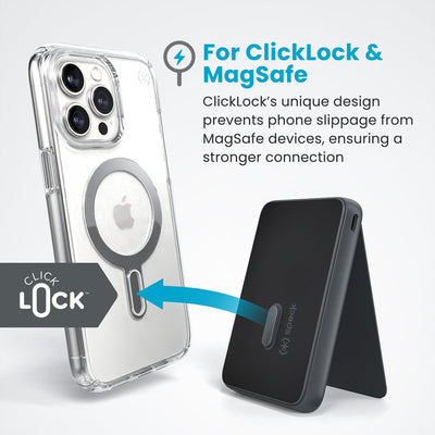StandyBank with ClickLock bolt extended and arrow pointing to bolt receptacle on a ClickLock phone case. Text reads For ClickLock and MagSafe - ClickLock's unique design prevents phone slippage from MagSafe devices, ensuring a stronger connection#color_black